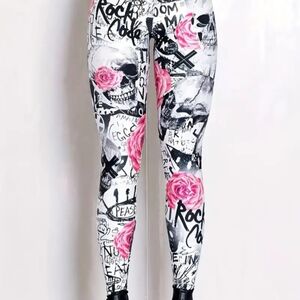 Women's Skull and Rose Leggings - Black and Pink